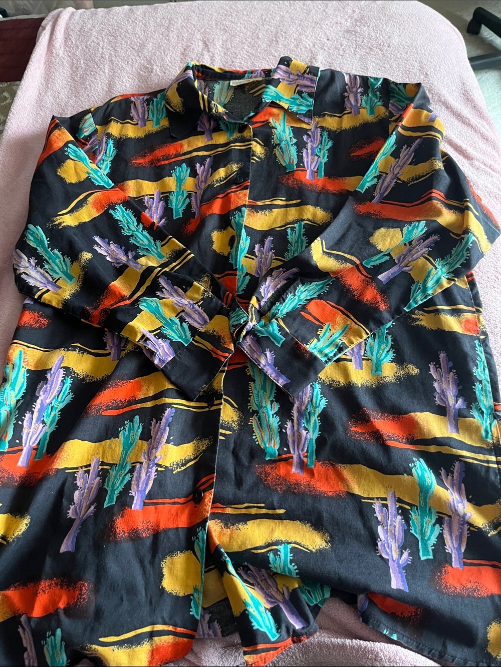 Men's Black Printed Button-Up Shirt with Multicolor Desert Motif